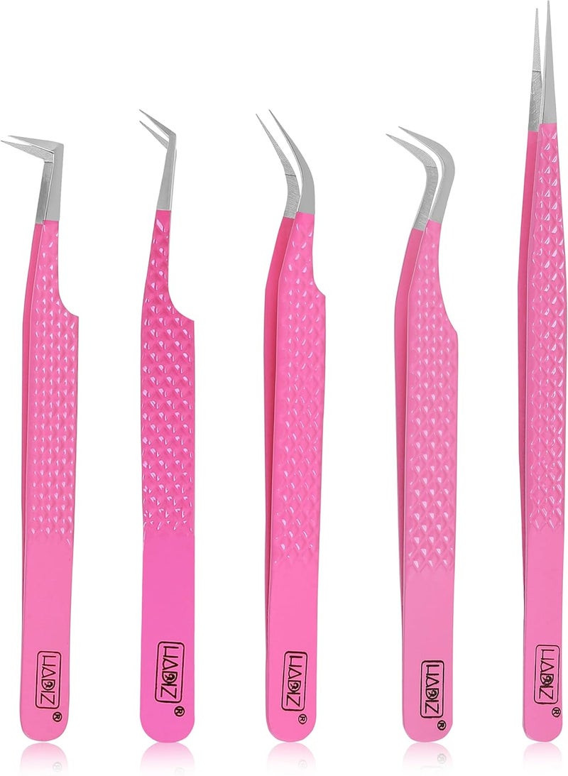 HADIZ Fiber Tip Eyelash Extension tweezers Lash Tweezer Japanese Steel set of five (Raspberry) - Image 1